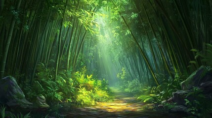 Obraz premium Serene Bamboo Forest with Sunlight Filtering Through the Canopy, Lush Greenery, Peaceful Pathway, and Mysterious Atmosphere Inviting Nature Lovers