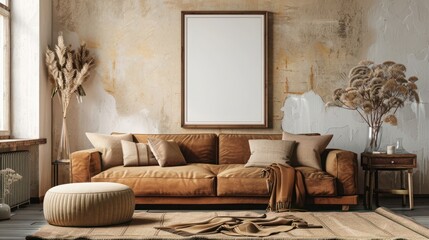 Creative composition of warm and cozy living room interior with mock up poster frame, brown sofa