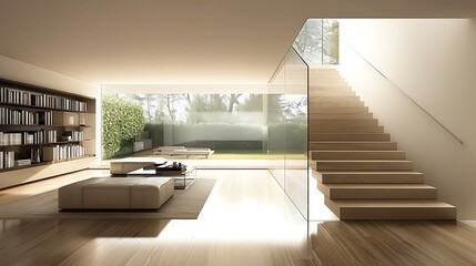 Fototapeta premium A luxurious glass staircase with frameless railings and sleek wooden steps, offering an open, airy feel in a contemporary upscale living room.