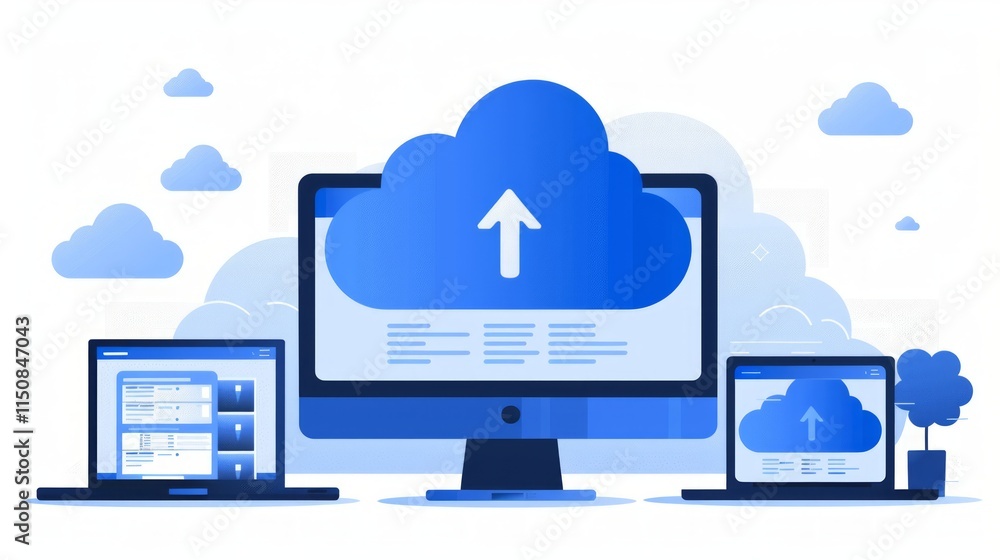 Aufkleber cloud computing concept data upload from laptop, desktop, and tablet to cloud storage.
