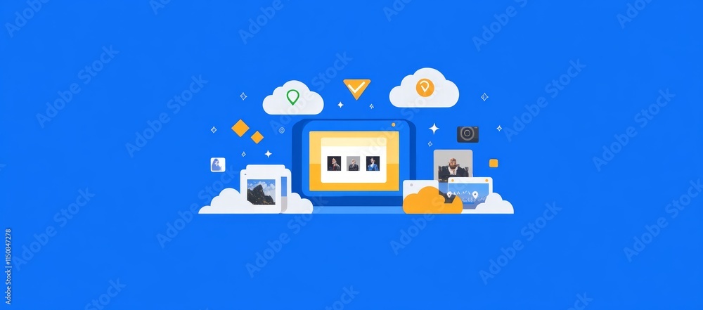 Poster cloud computing, storage of photos on computer with blue background.