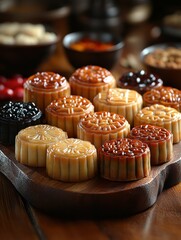 A vibrant assortment of traditional mooncakes displayed on a wooden platter.
