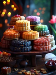 A vibrant display of colorful mooncakes for a festive celebration.