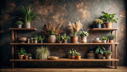 A rustic wooden shelf displays a curated collection of potted plants, showcasing diverse textures and greens against a dark, textured backdrop