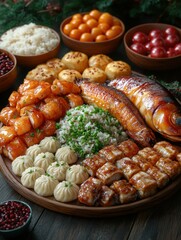 A vibrant, festive Chinese food platter featuring assorted seafood and traditional dishes.