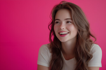 Fototapeta premium Woman with a content smile on her face on a bright pink background