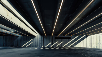 Fototapeta premium Modern Industrial Interior with Linear Lighting and Shadows