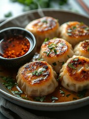 Delicious golden-brown dumplings served with spicy dipping sauce.