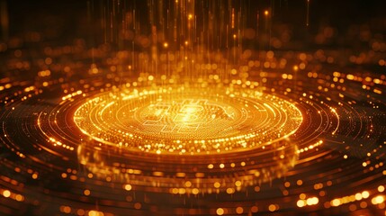 Golden Bitcoin Symbol in a Circular, Glowing, Technological Design