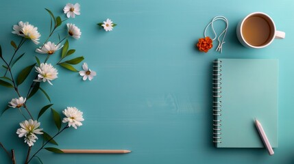 Minimalist Flat Lay with Notebook Flowers and Tea
