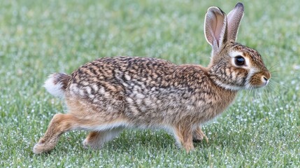 Obraz premium Cute Brown Rabbit Hopping on Green Grass in Bright Daylight