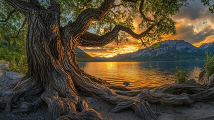 Serene sunset over a lake with a majestic tree.