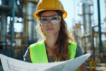 A young woman wearing a hard hat and safety goggles reviews engineering plans at an active industrial site. The sun shines brightly behind structures