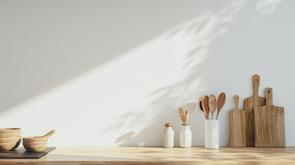 Minimalist Kitchen Counter with Wooden Utensils and Cutting Boards