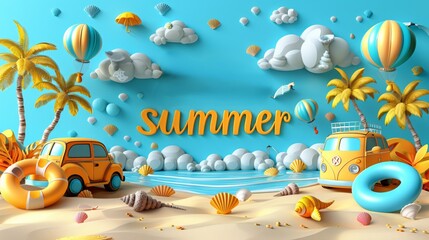 Colorful summer scene with cars, beach, palm trees, and hot air balloons.