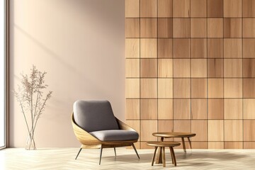 Cozy Living Room with Wooden Panelling and Armchair, Coffee Tables - Home Design Rendering