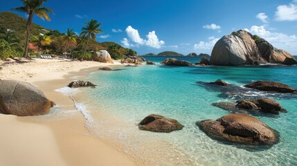 Obraz premium Serene Tropical Beach with Clear Water and Rocky Outcrops