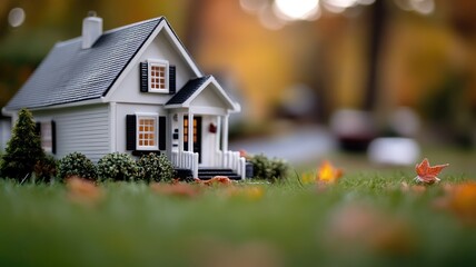 Miniature white house model with autumn background