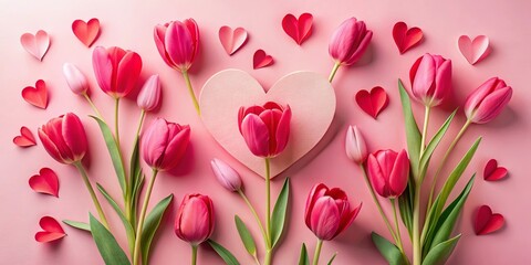 Obraz premium Pink tulips and paper hearts arranged on a pink background create a romantic and lovely scene