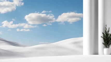 Minimalistic interior with white walls, small plant, and snowy landscape through window