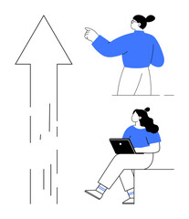 Two individuals one pointing upward, another with laptop seated. Upward arrow beside them. Ideal for business growth, teamwork, data analysis, brainstorming, progress tracking, success visualization