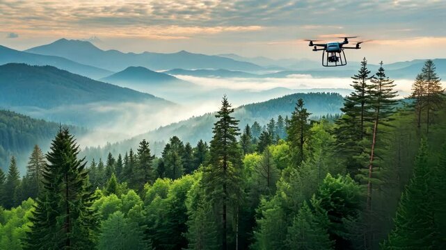 A scenic backdrop of mountains as the drone collects data over the forest.