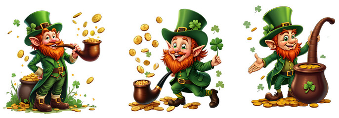 Fototapeta premium Cheerful Leprechauns Dressed in Green with Gold and Shamrocks Celebrating Irish Luck isolated on a white background