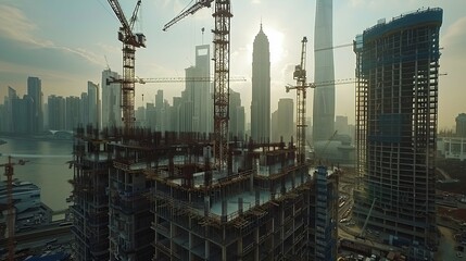 Fototapeta premium Shanghai Skyline Under Construction: Towering Cranes and Rising Skyscrapers