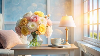 Sunlit Room with a Bouquet of Pastel Roses, a Cozy Mug, and a Table Lamp