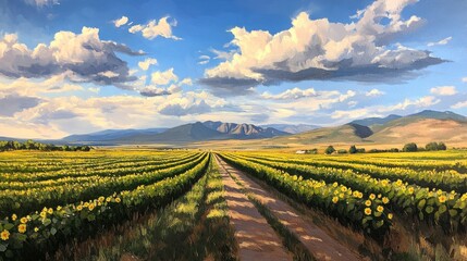 Fototapeta premium Expansive Landscape of Sunflower Fields with Majestic Mountains and Vibrant Sky in a Serene Rural Setting