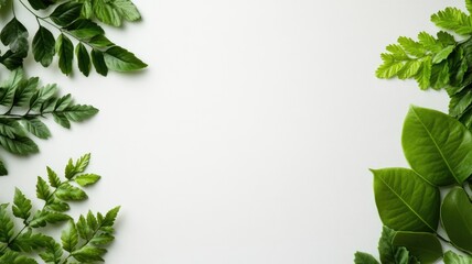 Fototapeta premium Green leaves arranged around blank white background, perfect for natural themed designs