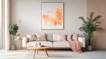 Modern Living Room with Grey Sofa, Pink Pillows & Abstract Art Poster on White Wall