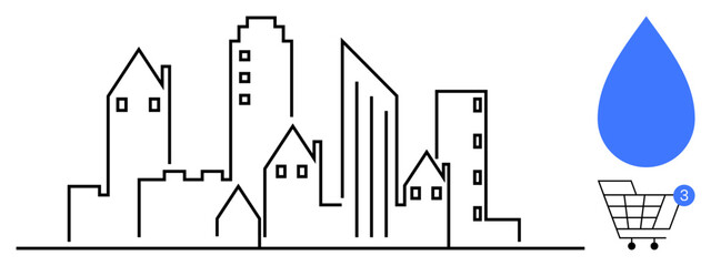 Black line cityscape with various building silhouettes next to blue water droplet icon and shopping cart with three notifications. Ideal for sustainability, urban planning, ecommerce, environmental