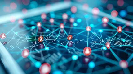 Digital network map displayed on a tablet, showing interconnected nodes and data flow.