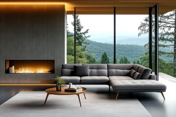 Modern Minimalist Living Room with Grey Sofa, Fireplace, and Forest View from Panoramic Window