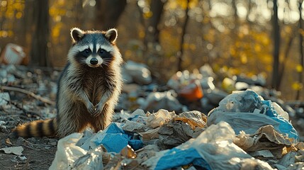 a raccoon hissing defensively, standing on a pile of scattered garbage bags.