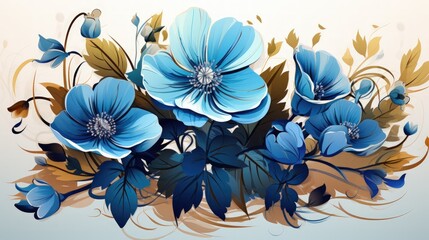 Blue flowers, gold leaves, artistic floral bouquet.