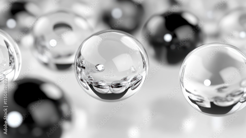 Poster abstract background with floating transparent and black spheres.