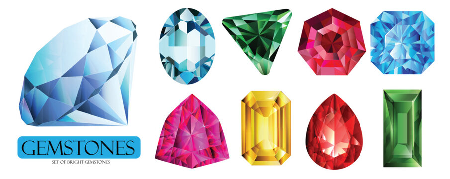 Set of precious stones. Expensive gemstones for jewelry. Sapphire, ruby, diamond, adamant, aquamarine and sparkling emerald. Realistic 3D vector illustration collection