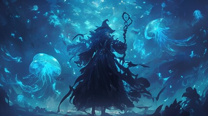 Obraz premium Dark wizard surrounded by glowing jellyfish.