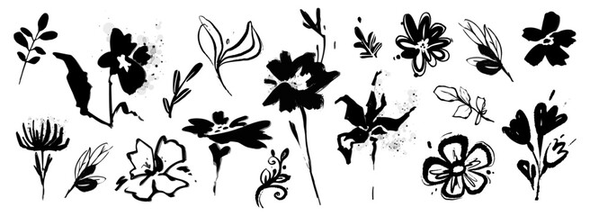 Abstract flowers painted with brush ink strokes. Black floral silhouettes with leaves, natural plants and branches in grunge style. Hand drawn vector illustration collection