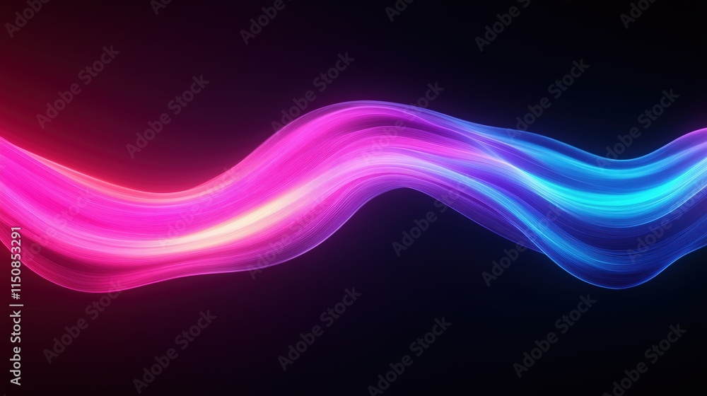 Poster neon fluid particles against dark background offering vibrant glowing streaks of multicolor light in