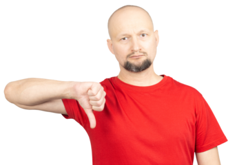 A man wearing a red T-shirt is posing with a thumbs-down gesture, expressing disapproval or dissatisfaction. He has a short beard, light skin, and a serious facial expression. His body language convey