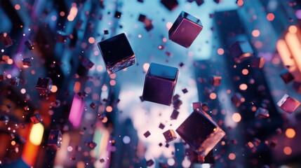 Abstract city scene with falling metallic cubes.