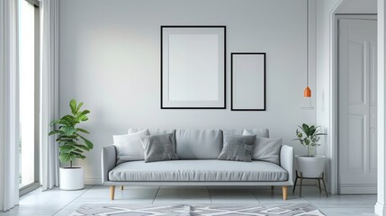 Grey settee near white cupboard in minimal living room interior with posters on the wall.