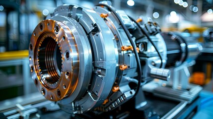 Close-up of a complex industrial machine component with copper and steel elements.