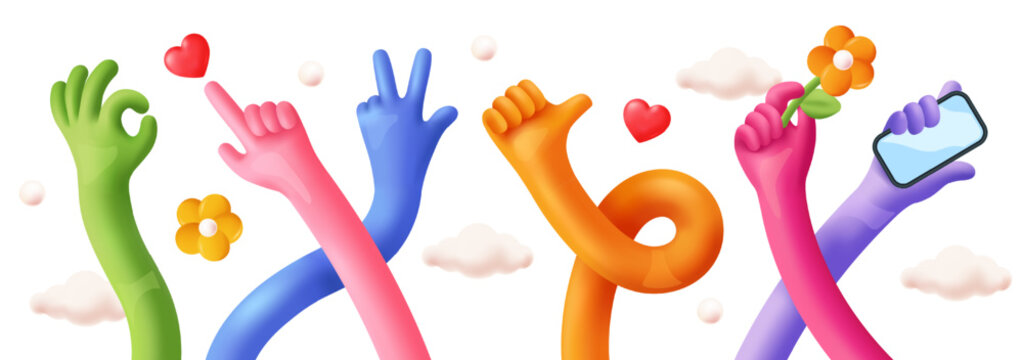 Comic flexible hands set. Long 3D multicolored arms holding different objects and showing various finger gestures. Curved stretched limbs or palms. Realistic vector illustration