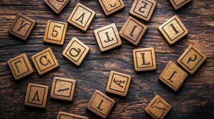 Wooden letter tiles scattered on a wooden surface.