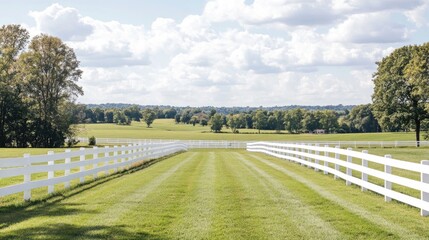 Obraz premium Scenic Country View with White Fences and Lush Green Landscape