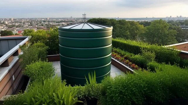 A rooftop terrace equipped with a garden and rainwater catchment feature.